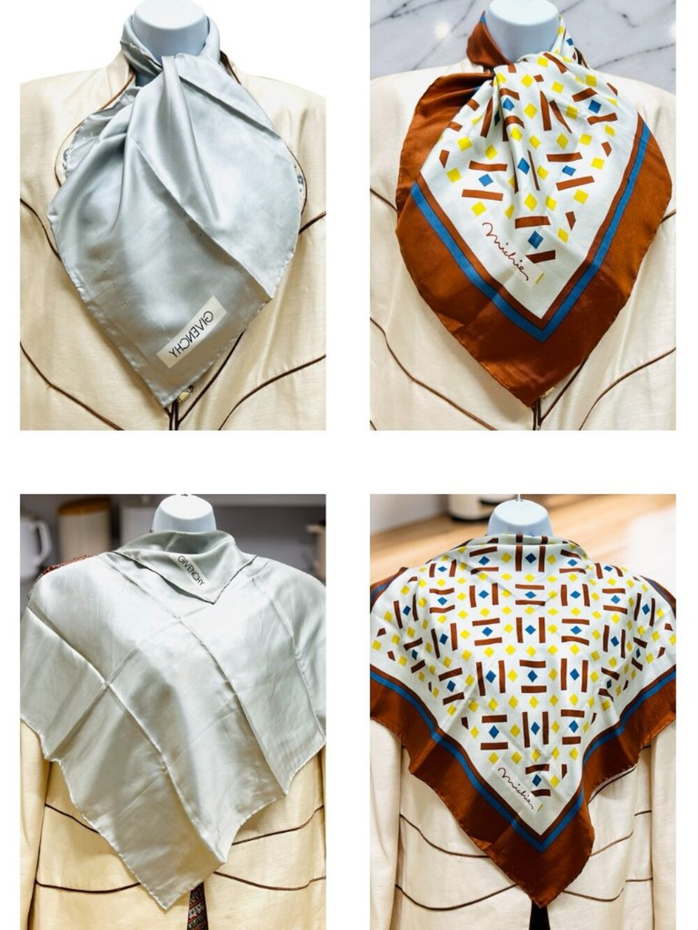 2 Vintage 100% Silk Scarf 23" Givenchy &Michie Silver gray Brown yellow (6)